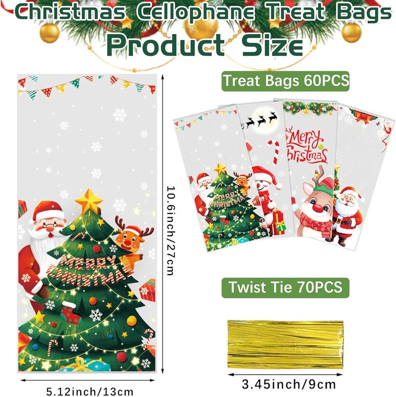QOIUSO 60 Pcs Christmas Treat Bags with Ties – 4 Festive Designs Clear Cellophane Holiday Gift Bags for Candy, Cookies, Goodies & Party Favors - Image 2